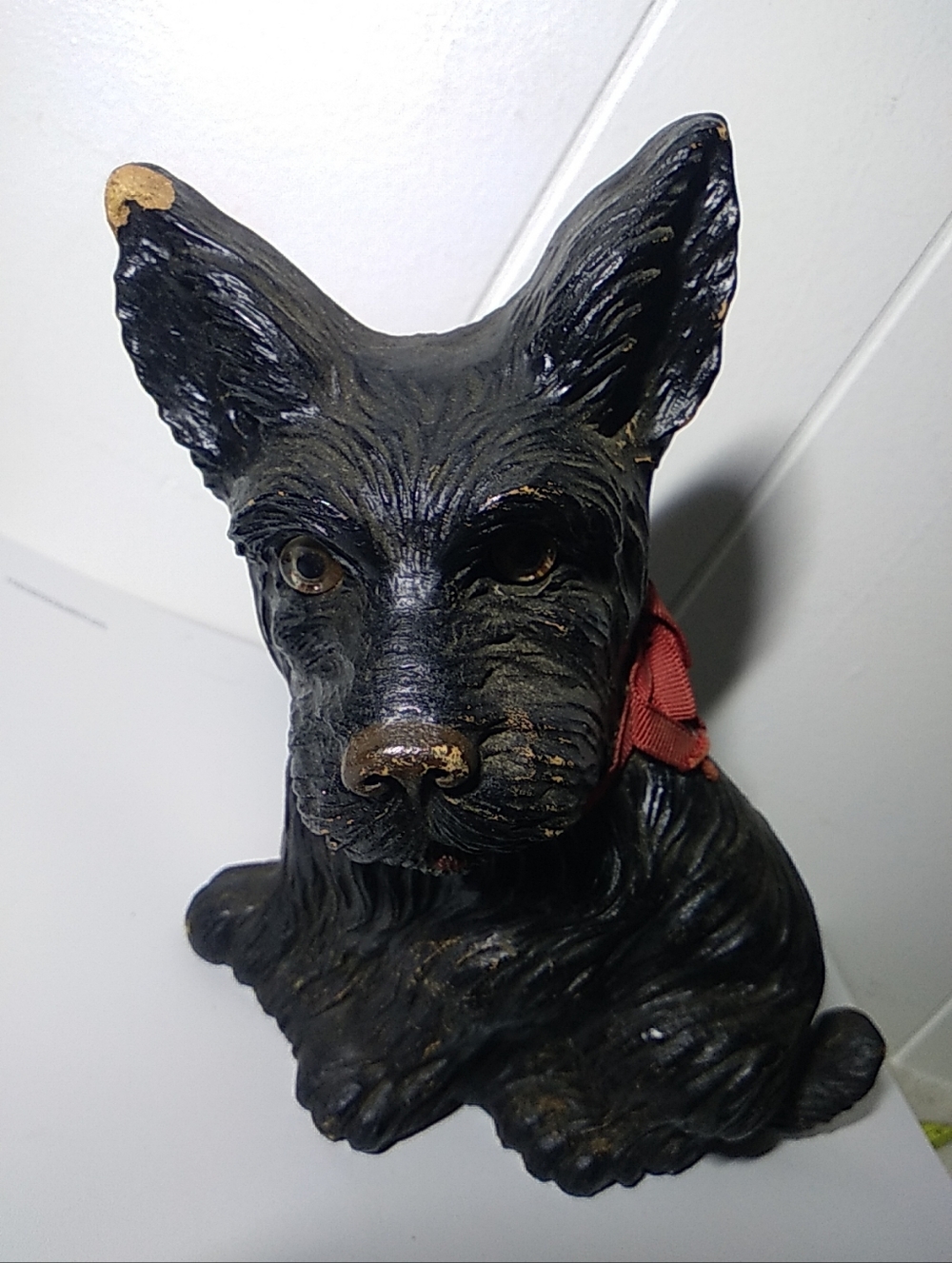 Vintage Syroco Black Scottie Dog Figurine 8” Tall Wood Original Red Neck Ribbon